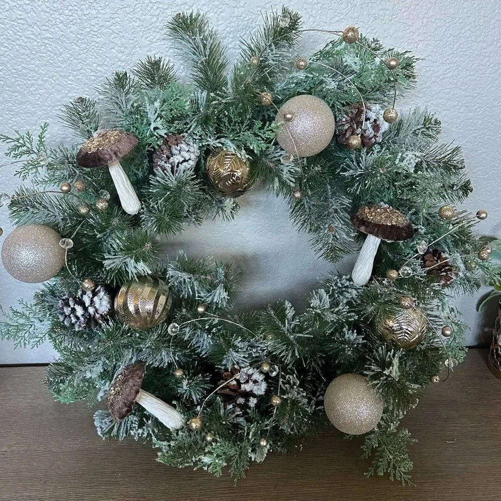 Velvet Sequin Mushroom & Glitter Berry Flocked Christmas Holiday Wreath